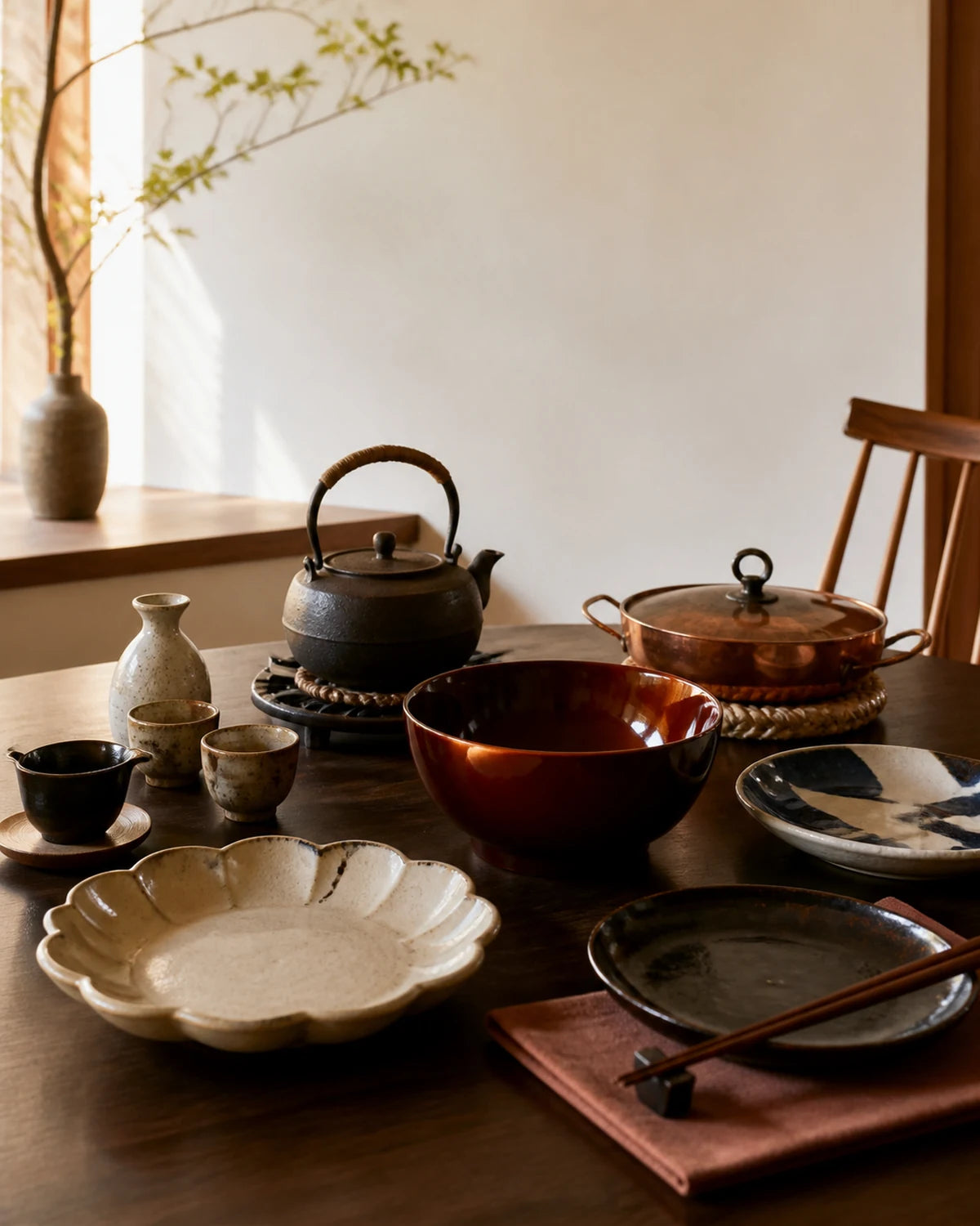 AI-generated editorial visualization of Japanese craft for the table; not a product photograph