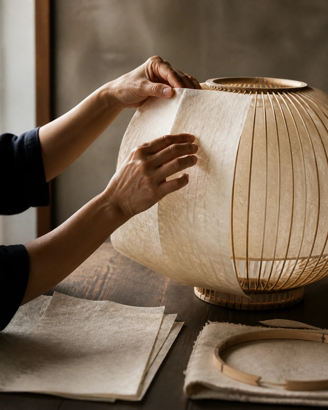 Anonymous artisan hands applying translucent washi paper to a bamboo lamp frame in a quiet workshop