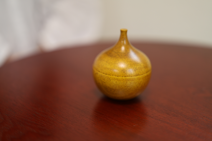 Closed Bulb: Mimosa on a warm wood table with a person's arm softly out of focus in the background.