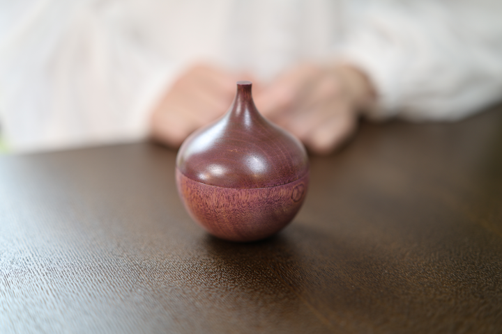 Bulb: Lilac standing closed on a dark table before a seated model with both hands at rest.