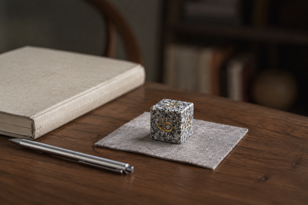 Makabe Stone Master Die beside a notebook and pen on a protected writing desk.