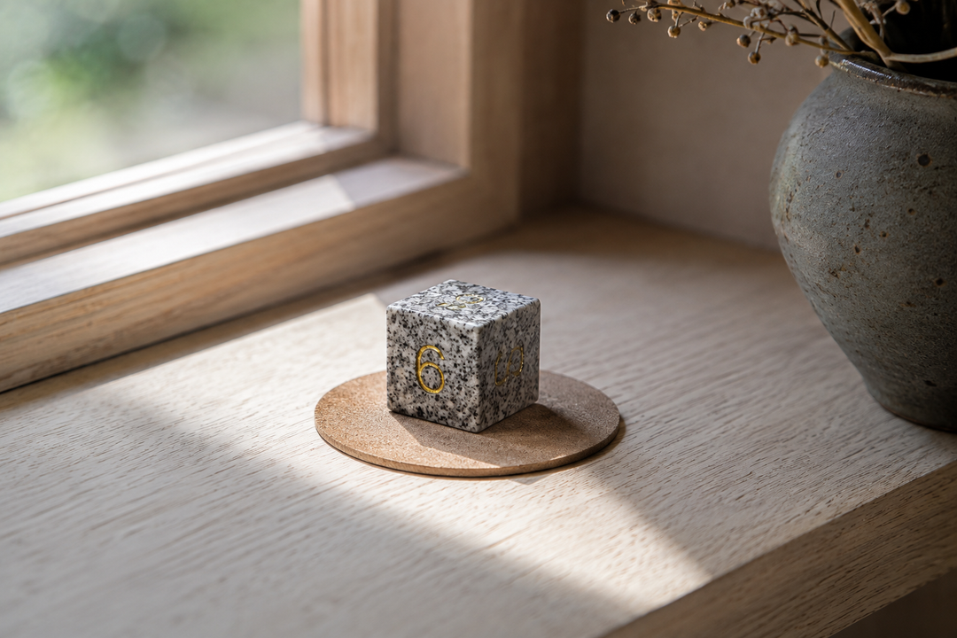 Makabe Stone Master Die on a pale oak shelf in morning window light.