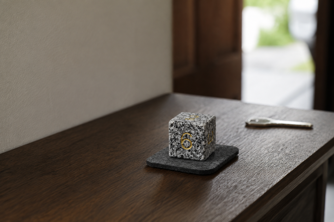 Makabe Stone Master Die on a protective pad on an entryway console.
