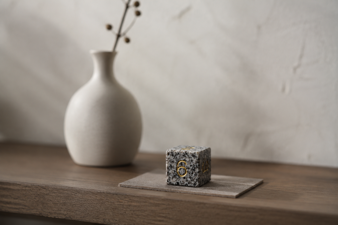 Makabe Stone Master Die displayed separately beside a plain ceramic vessel.