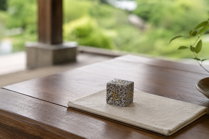 Makabe Stone Master Die on a protective cloth for a temporary viewing on a covered terrace.