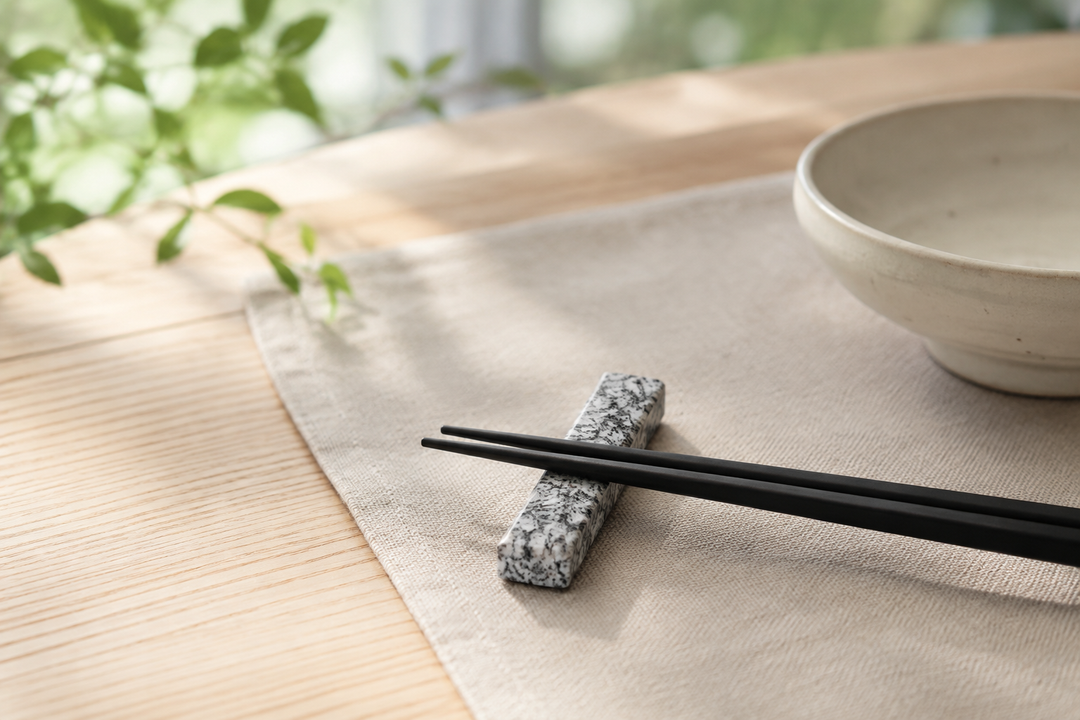 A single Makabe stone cutlery rest holding black chopsticks beside a simple bowl on a calm everyday table.