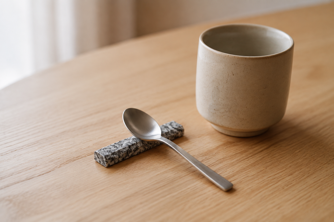 A small spoon resting on a single Makabe stone cutlery rest beside a glazed ceramic cup, safely separated from the drink.