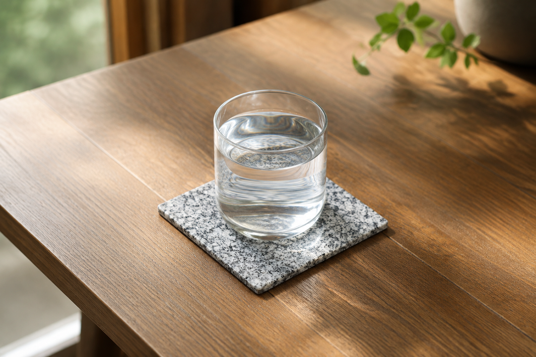 A clear cup resting on a thin square Makabe Stone Art Plate on a quiet wooden breakfast table in morning light.