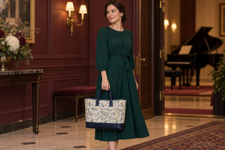 A woman in a green dress holding the navy floral tote in a warmly lit room with a piano.