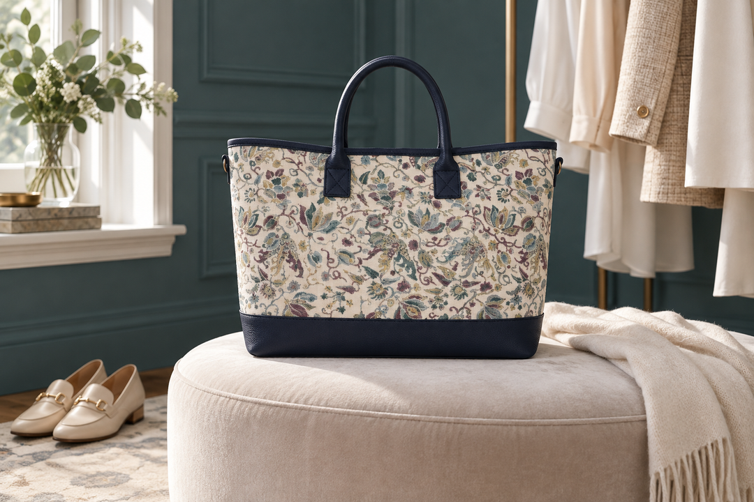The floral Edo Sarasa tote on a pale upholstered seat beside neutral clothing and cream shoes.