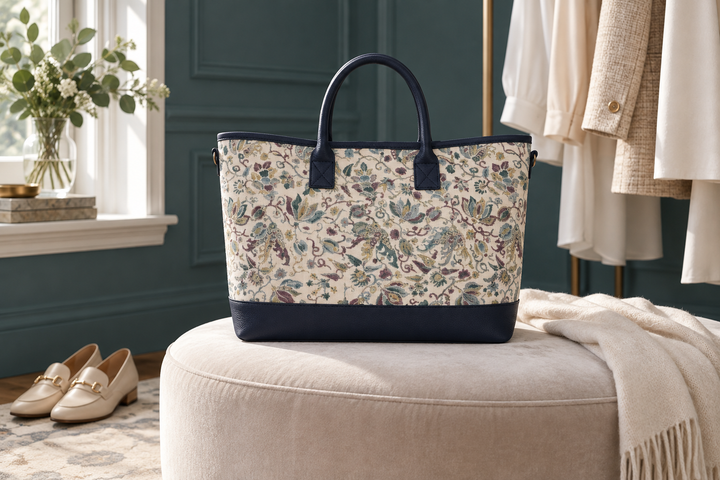 The floral Edo Sarasa tote on a pale upholstered seat beside neutral clothing and cream shoes.