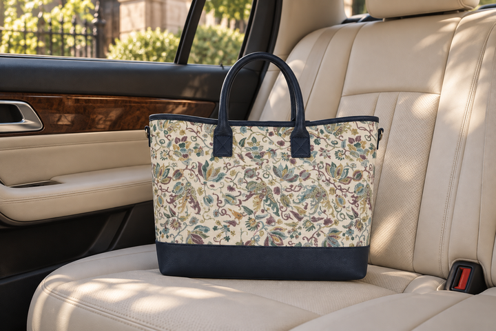 The navy floral Edo Sarasa tote resting on a pale car seat beside dark wood trim.