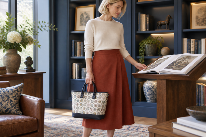 A woman holding the Marumon tote while looking at an illustrated book in a room with dark blue bookshelves.