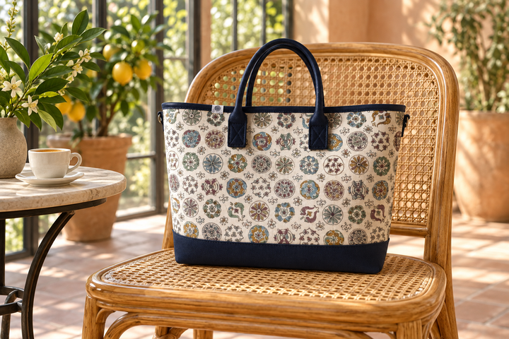 The Marumon tote on a woven chair beside a coffee cup and potted greenery.