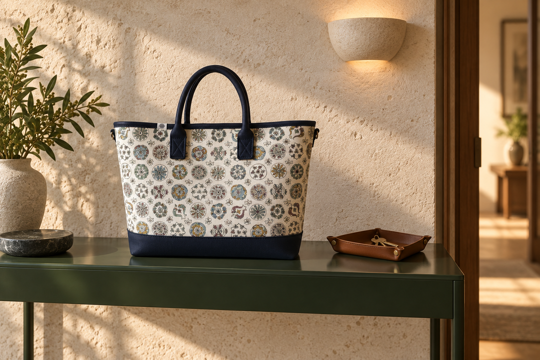 The Marumon tote on a dark console beside a key tray, bowl, and small potted plant.