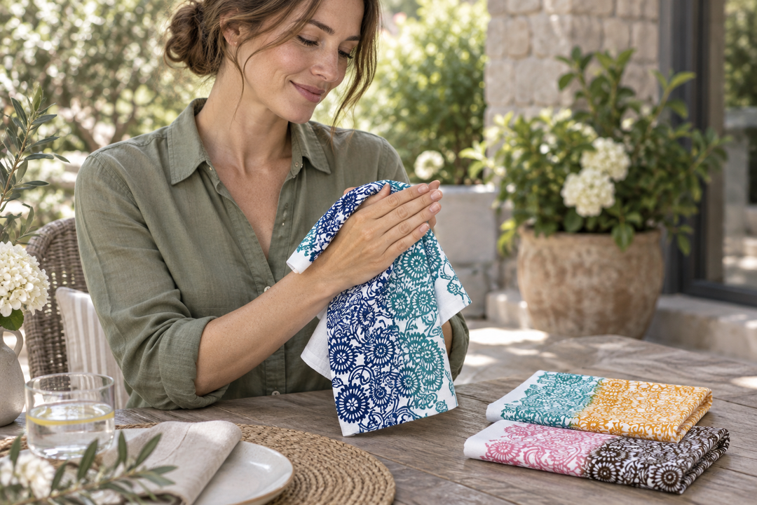 A seated woman holding a blue-and-teal Ise-giku tenugui at a table, with two other colorways folded beside her.
