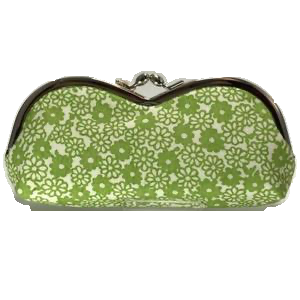 Yellow-green Tokyo Some-Komon silk clasp eyeglass case with a dense white floral pattern on a pure white background.