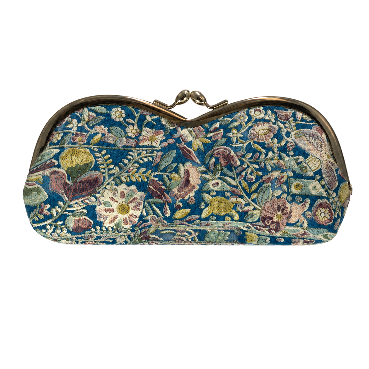 Turquoise Edo Sarasa silk gama-guchi eyeglass case with floral and bird motifs on a white background.