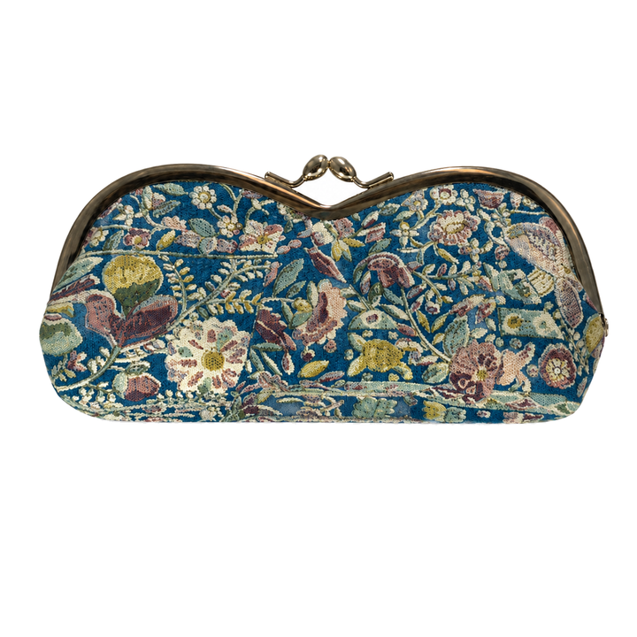 Turquoise Edo Sarasa silk gama-guchi eyeglass case with floral and bird motifs on a white background.