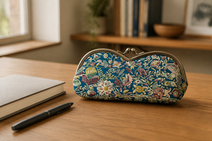 Turquoise Edo Sarasa eyeglass case resting beside an open book under gentle bedside light.