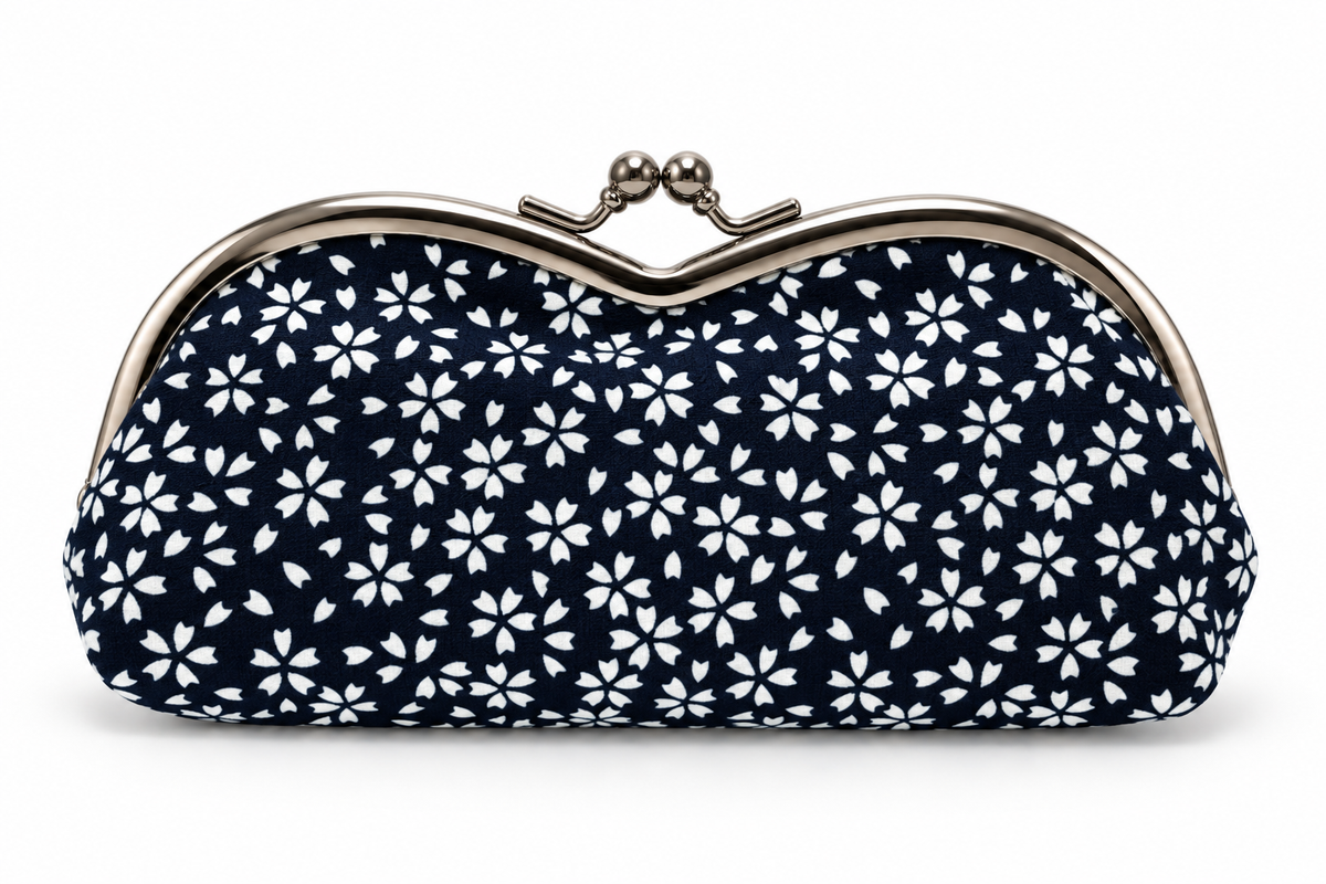 Tokyo-dyed Komon · Small Cherry Blossoms Gama-guchi Eyeglass Case · Navy — product view