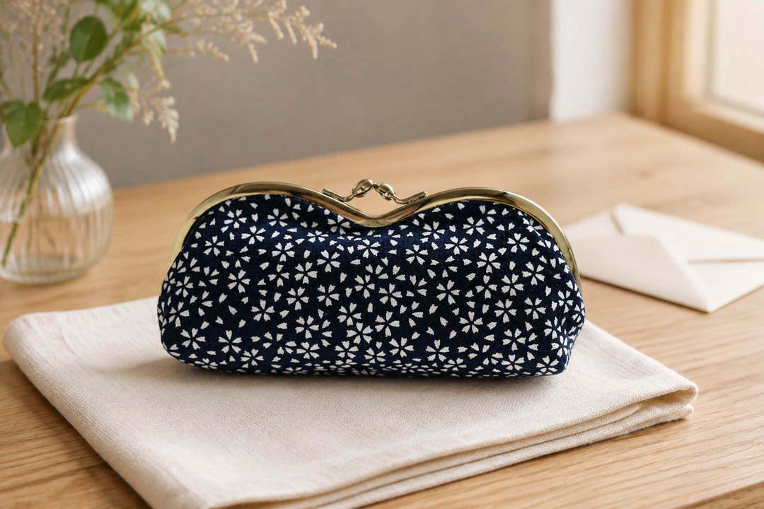 A single navy Tokyo Some-Komon eyeglass case presented as a practical craft gift indoors.