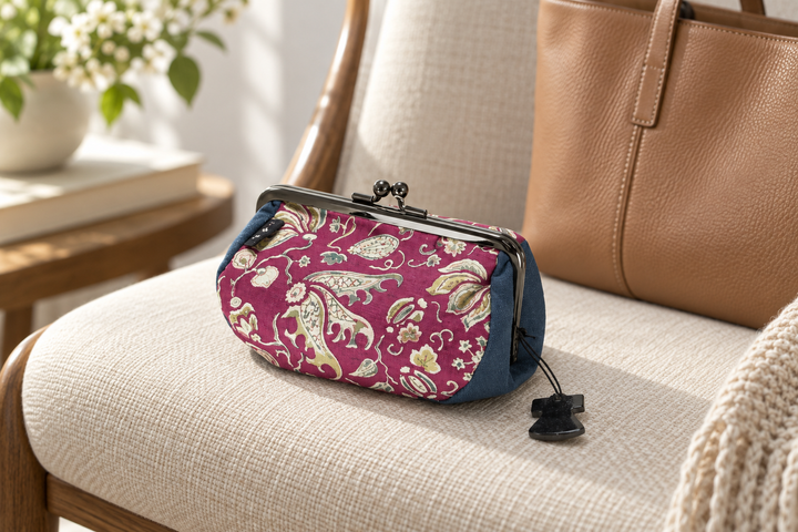 The floral arabesque pouch on a cream upholstered chair in front of a tan leather handbag.