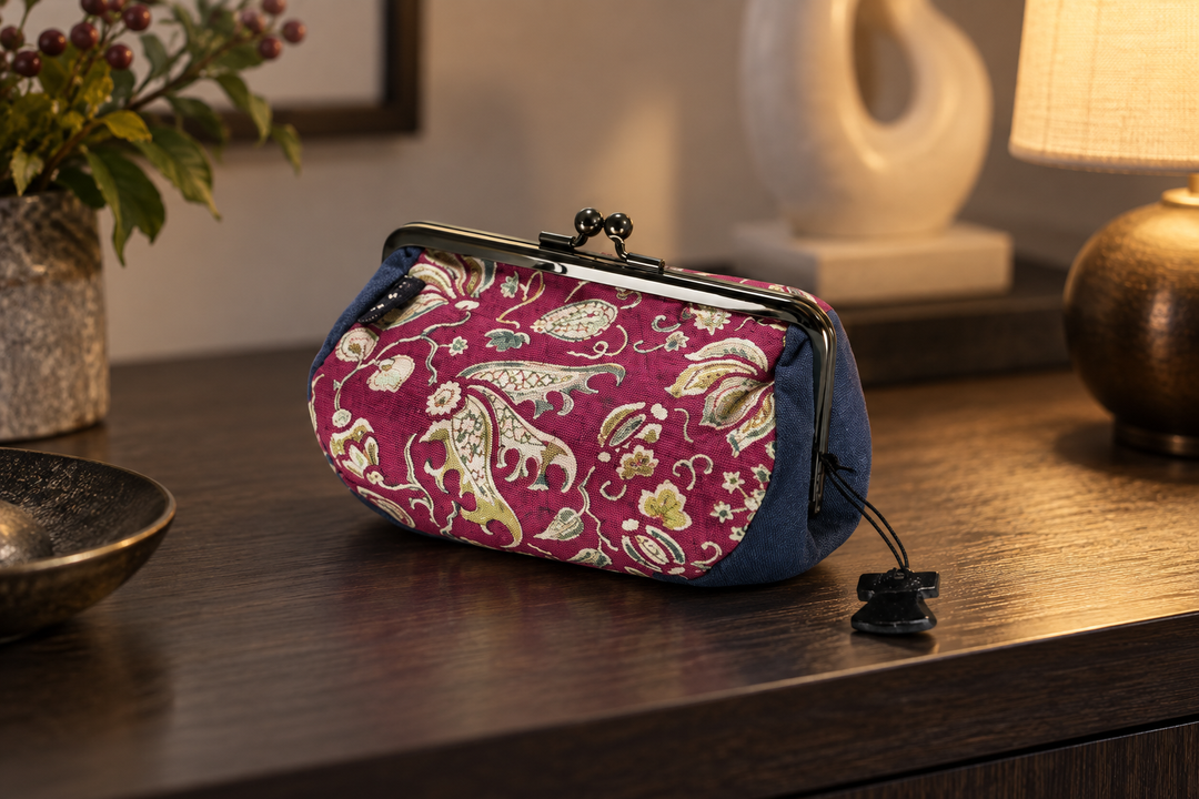 The patterned silk pouch on a dark wooden console beside a lamp, decorative bowl, and vase.