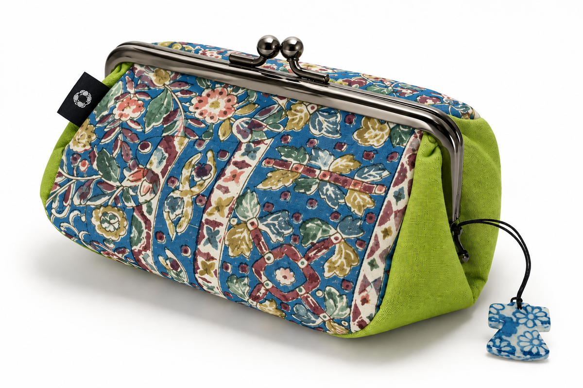 Edo Sarasa: Flowers and Birds in Turquoise and Yellow-Green Gama-guchi Pouch — product view