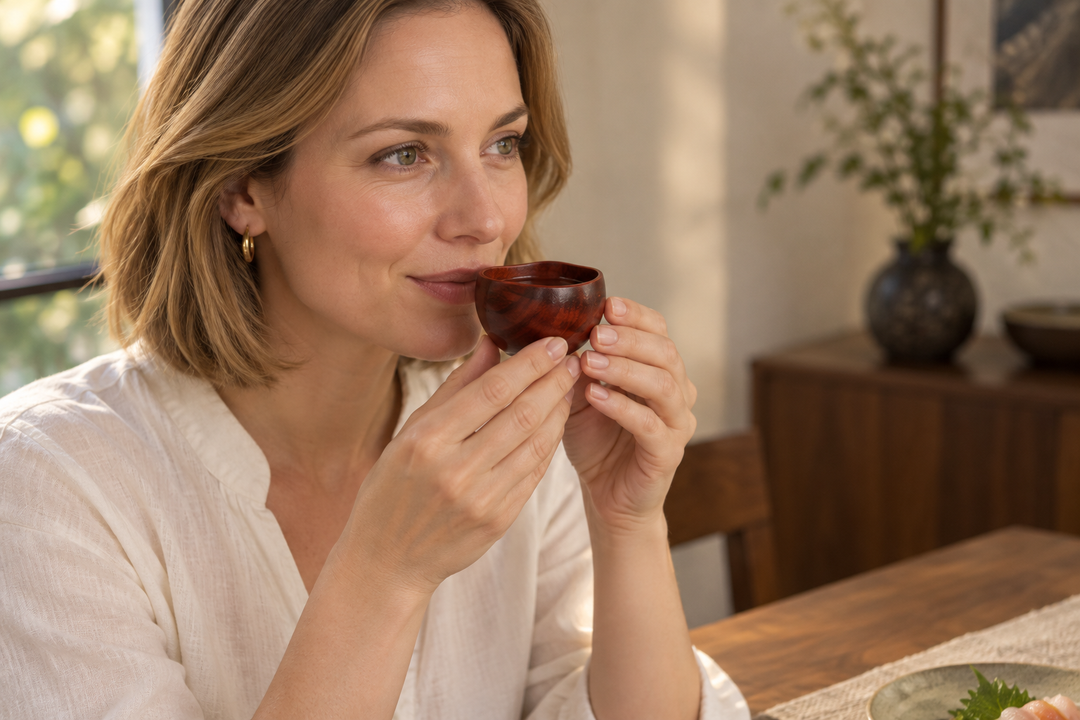 A woman in a white blouse lifting the berry-red lacquer vessel toward her lips at a dining table.