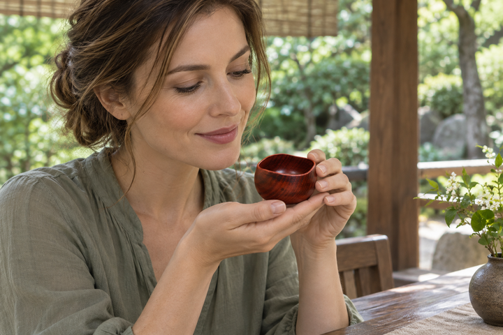 A woman in a green shirt looking at the berry-red lacquer vessel held in both hands beside a table.