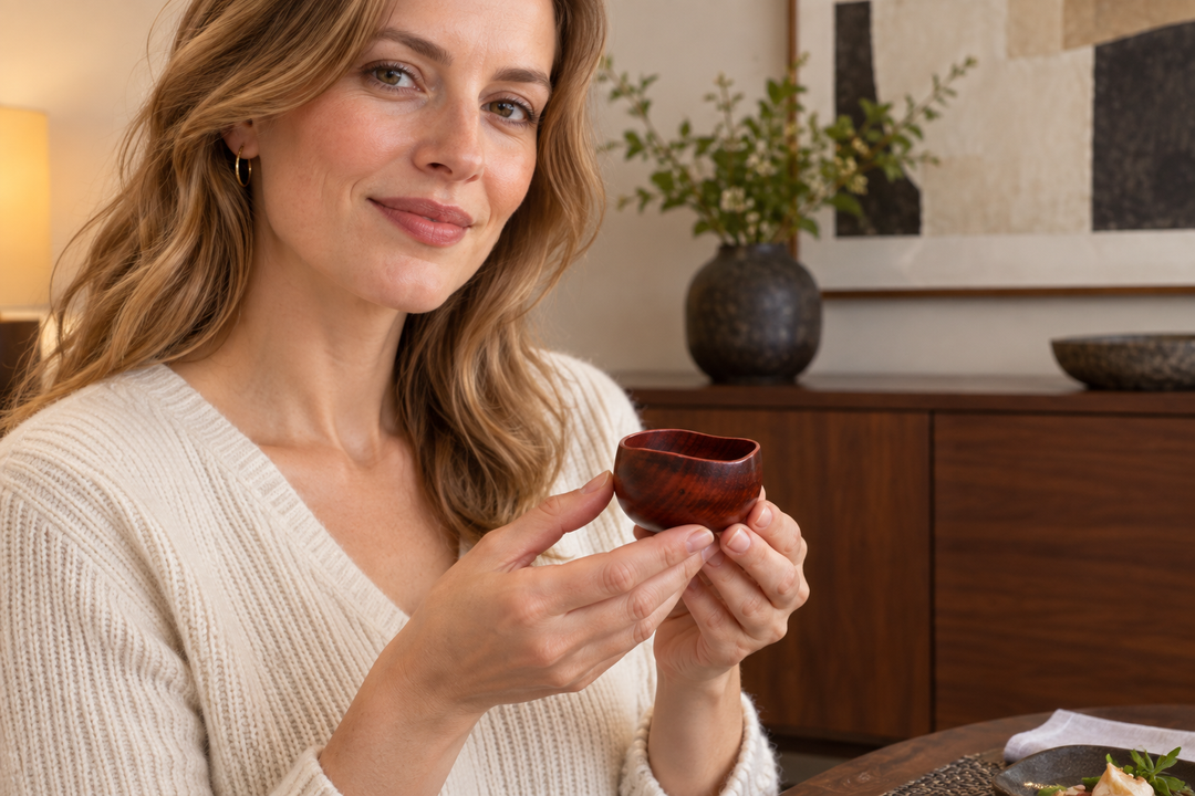 A woman in a cream knit holding Bud: Berry in both hands at a table with a meal.