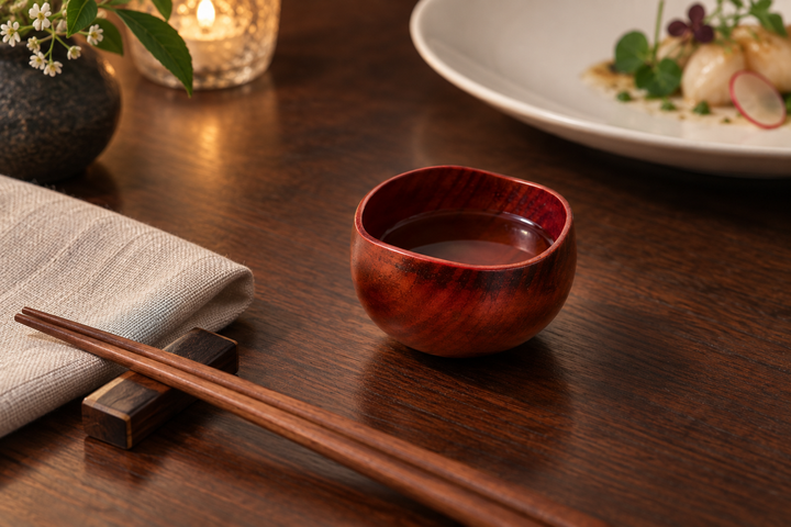 The berry-red lacquer vessel containing a drink on a dark dining table beside chopsticks, a napkin, and a plate.