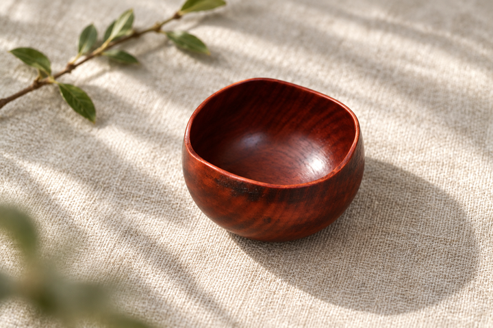 An overhead oblique view of the empty berry-red vessel on pale woven fabric beside a leafy branch.
