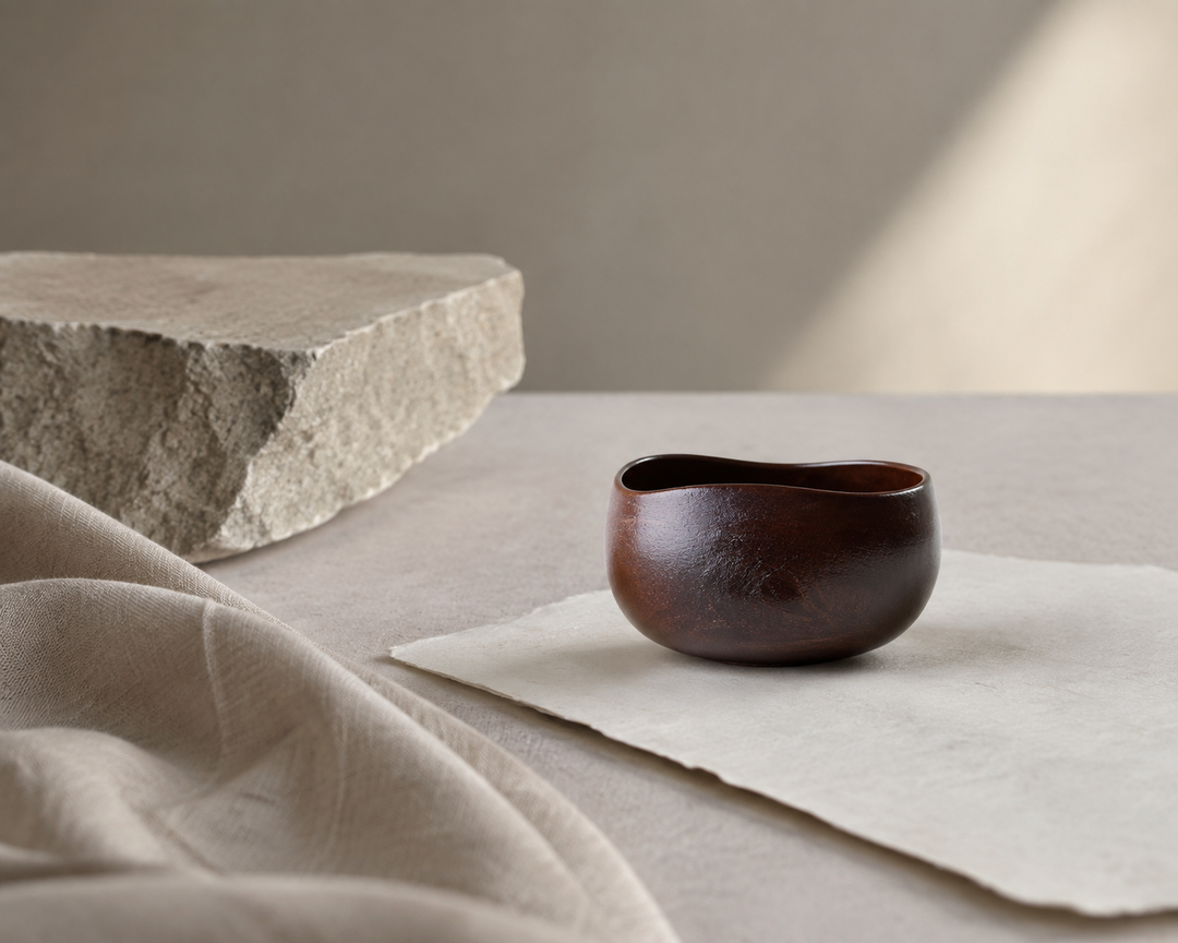 Bud: Lilac lacquerware vessel beside matte paper, pale stone, and woven cloth.