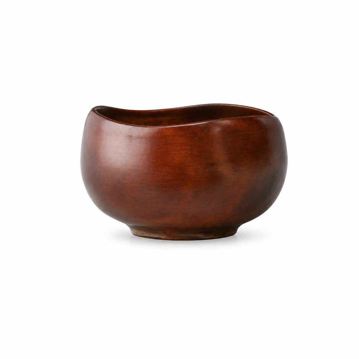 Bud: Mimosa, a compact reddish-brown Yamanaka lacquerware vessel, shown from the front on a white background.