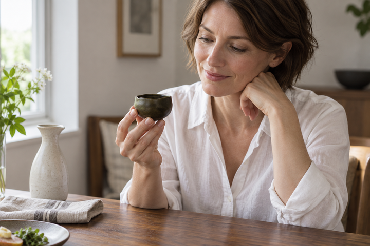 A woman in a white shirt holding the olive lacquer vessel at a wooden dining table beside a pale ceramic flask.