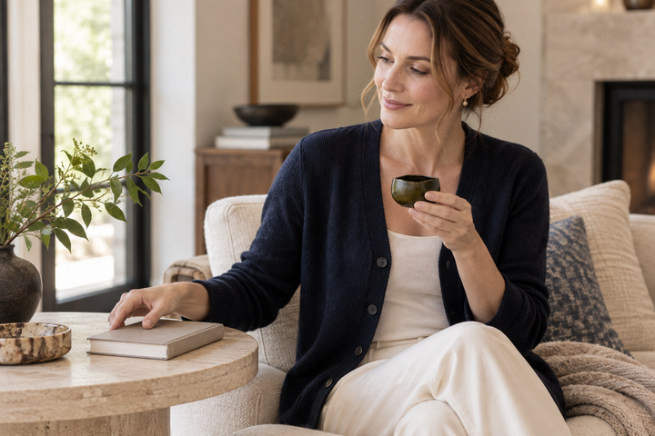 A woman seated in a cream chair holding Bud: Olive beside a book on a round side table.