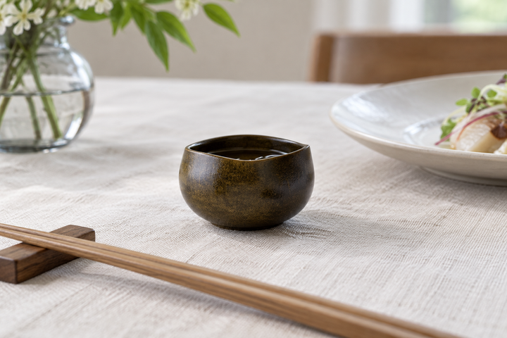 The olive lacquer vessel containing a drink on a light tablecloth beside chopsticks, flowers, and a white plate.