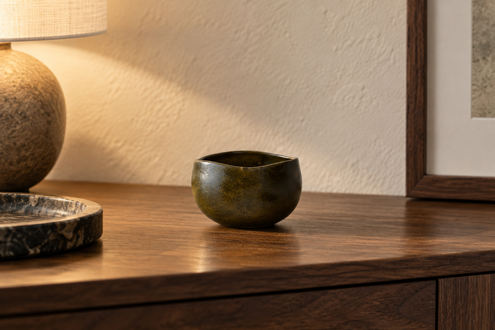 Bud: Olive on a wooden console beneath warm lamplight, with a shallow bowl and framed picture nearby.