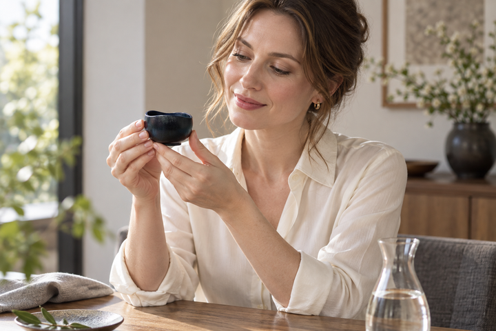 A woman in a pale shirt holding the dark Hyacinth lacquer vessel in both hands at a wooden table.