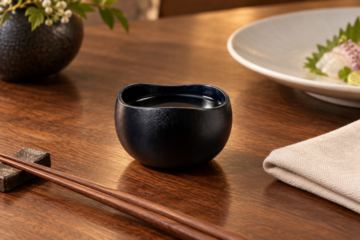 Bud: Hyacinth containing a drink on a wooden dining table beside chopsticks, a linen napkin, and a plate.
