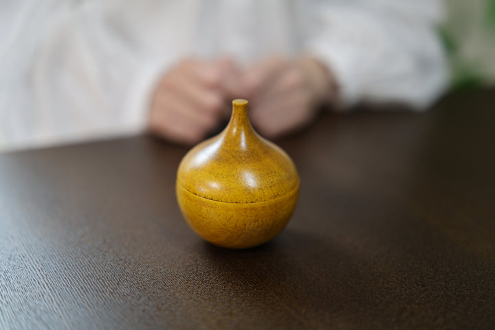 Closed Bulb: Mimosa resting on a dark table with a seated person softly out of focus behind it.
