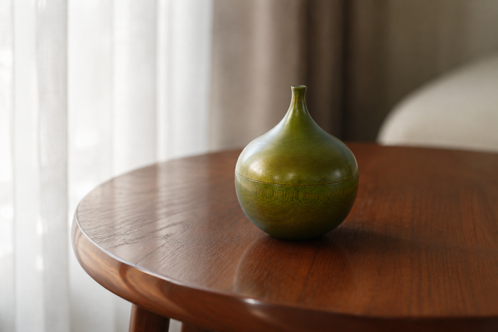 Soft indirect window light tracing the rounded olive lacquer body and slender neck of the closed Bulb object.