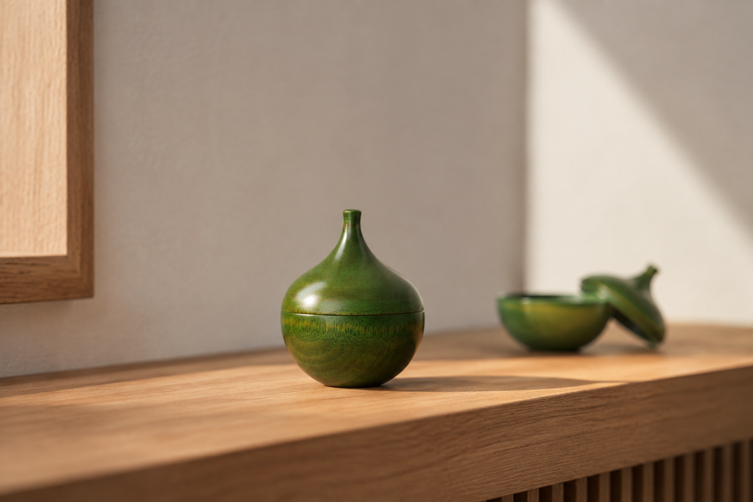 The closed olive lacquer Bulb object on a fine wood surface, emphasizing its rounded turned form and restrained material character.