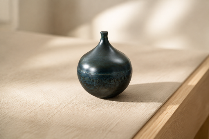 The compact blue-green Bulb: Hyacinth lacquerware presented alone as a considered Japanese craft gift.