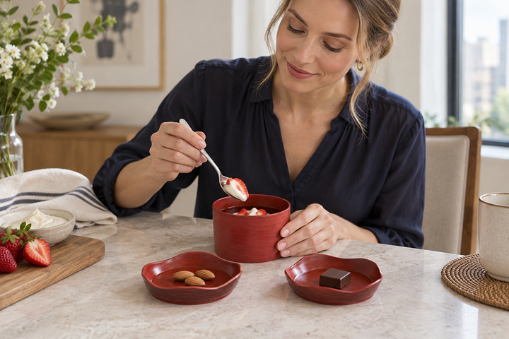A woman at a table enjoying a dessert from the Berry vessel, with almonds and chocolate on matching plates.