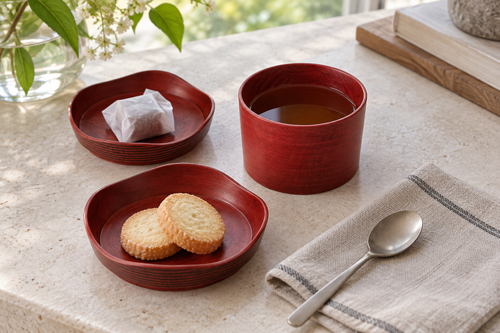 The Berry vessel containing tea beside two matching plates with biscuits and a wrapped sweet on pale stone.