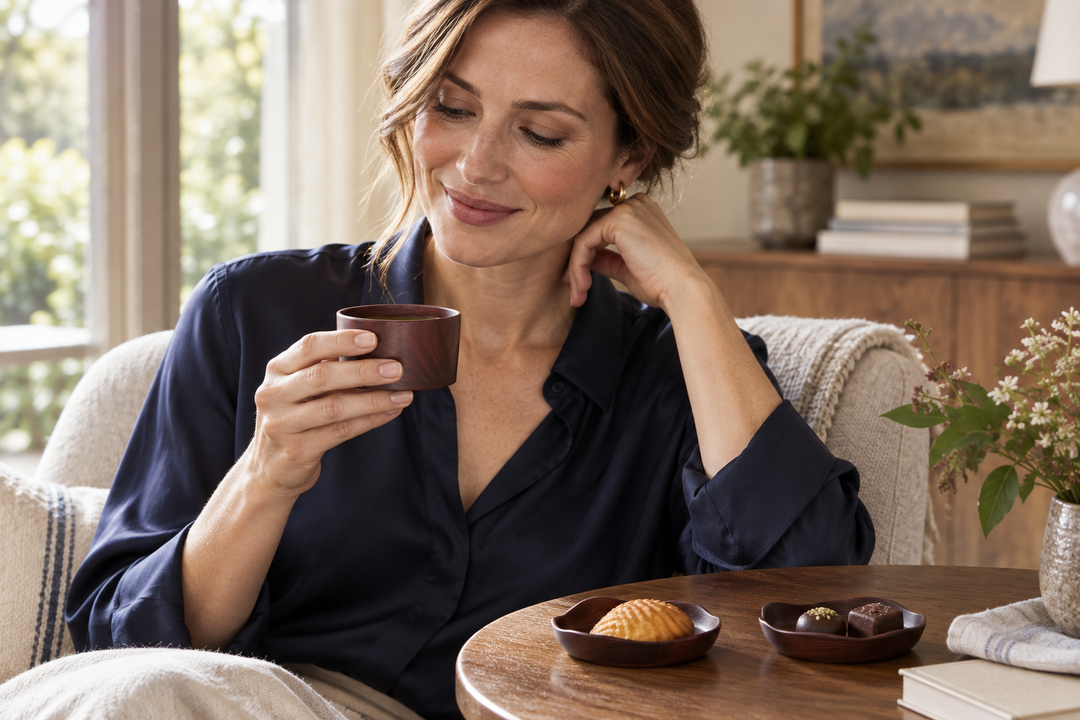 A woman in navy holding the Lilac vessel beside two matching shallow plates with sweets on a round table.
