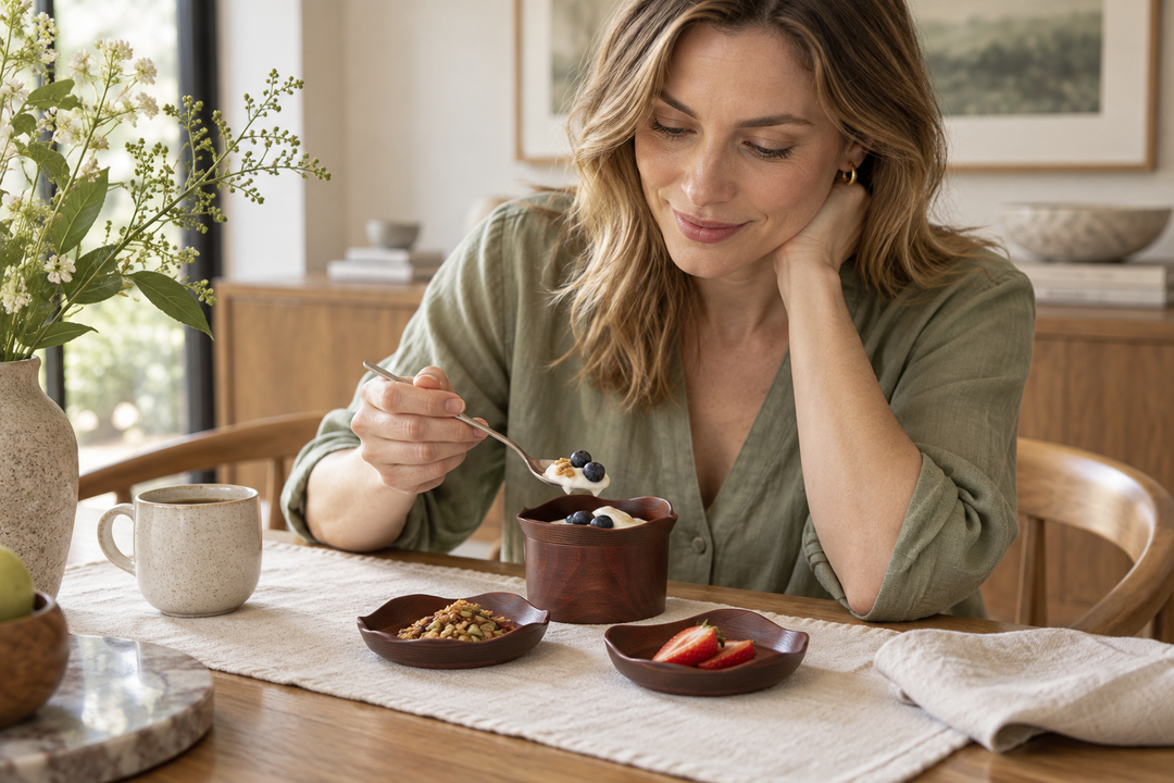 A woman enjoying yogurt and fruit with the Lilac lacquerware set, with cereal and strawberries on shallow plates.